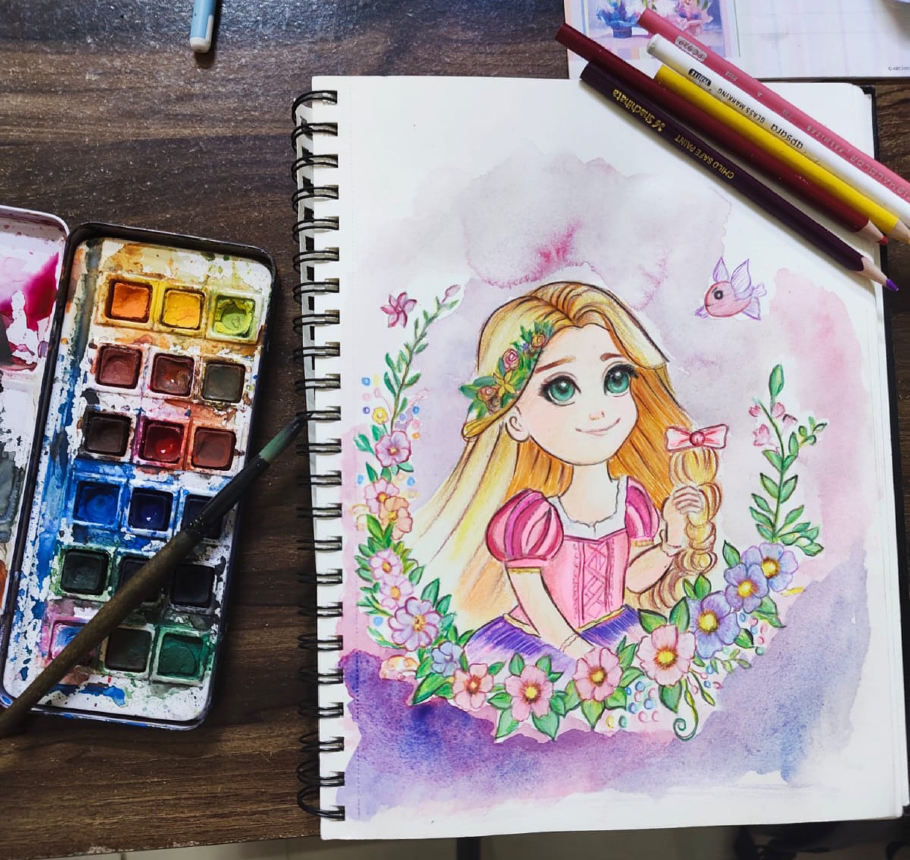 Watercolor princess artwork made by a Nino learner
