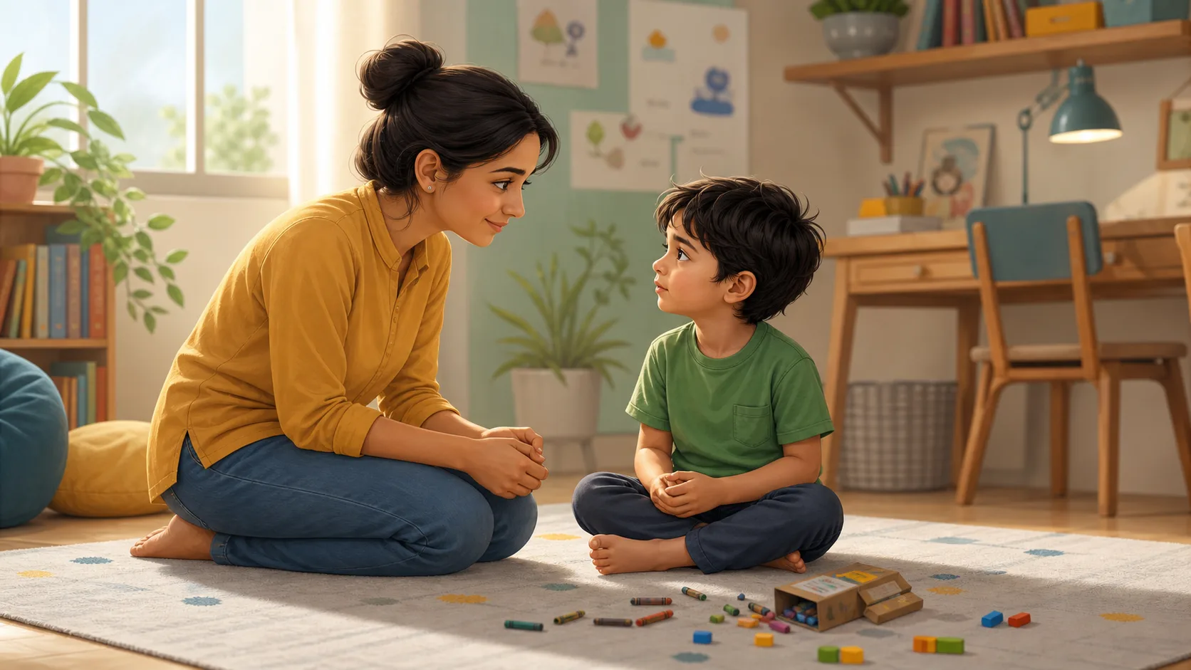 Parent calmly talking with a child after a small mistake at home