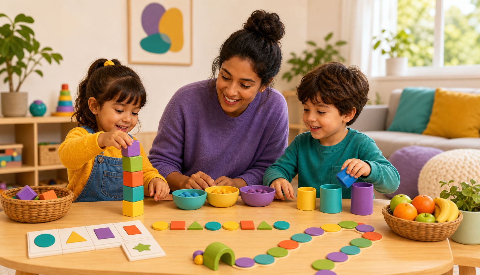 Parent and preschool children doing hands-on maths activities with blocks, shapes, cups, fruit, and a number path at home
