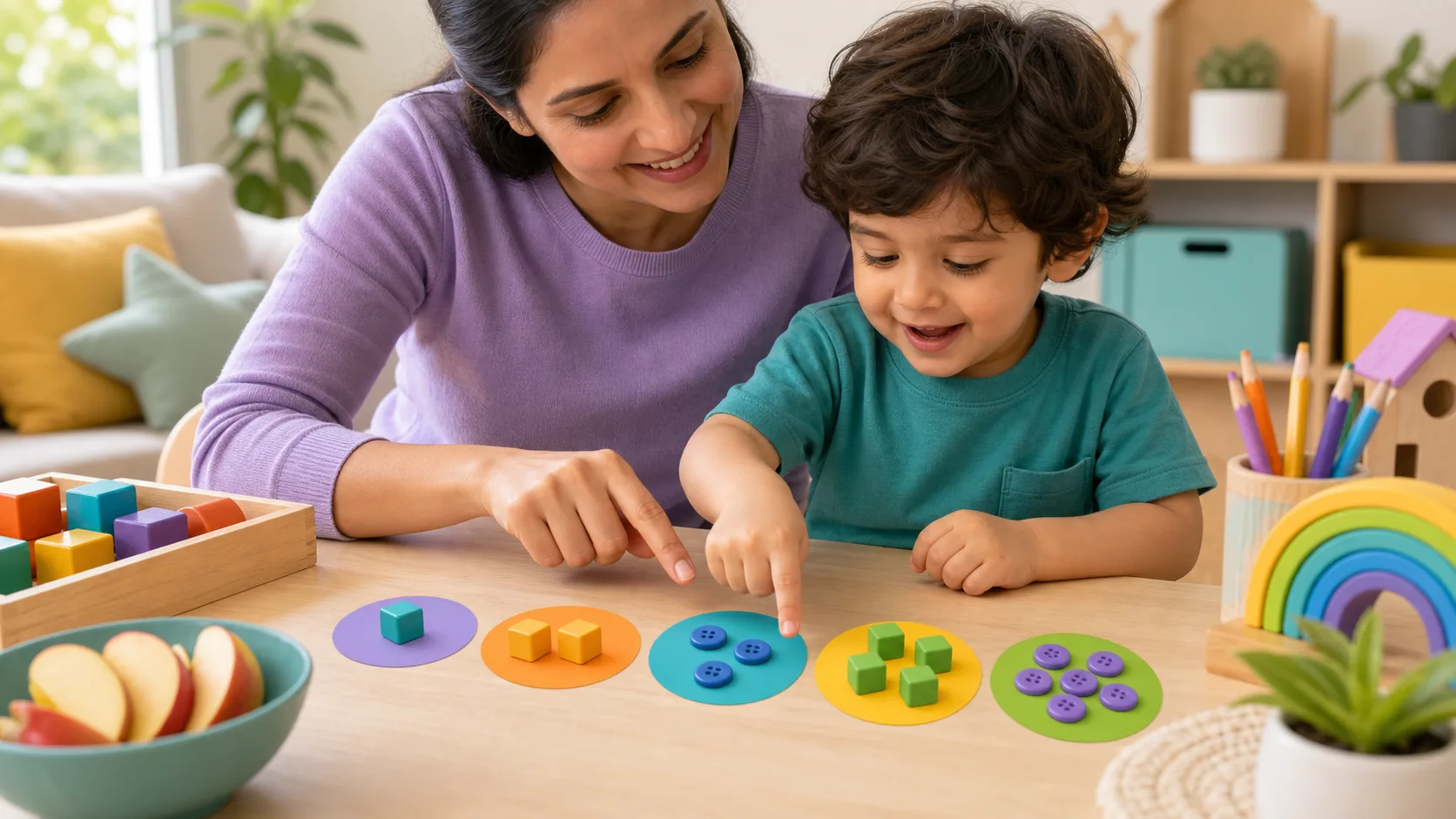 Parent teaching a 3-year-old child to count small objects one by one at home