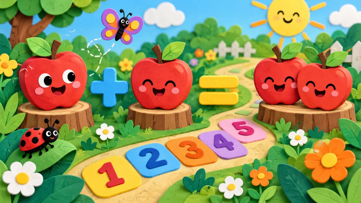 Apples, number tiles and maths symbols in a colourful learning garden