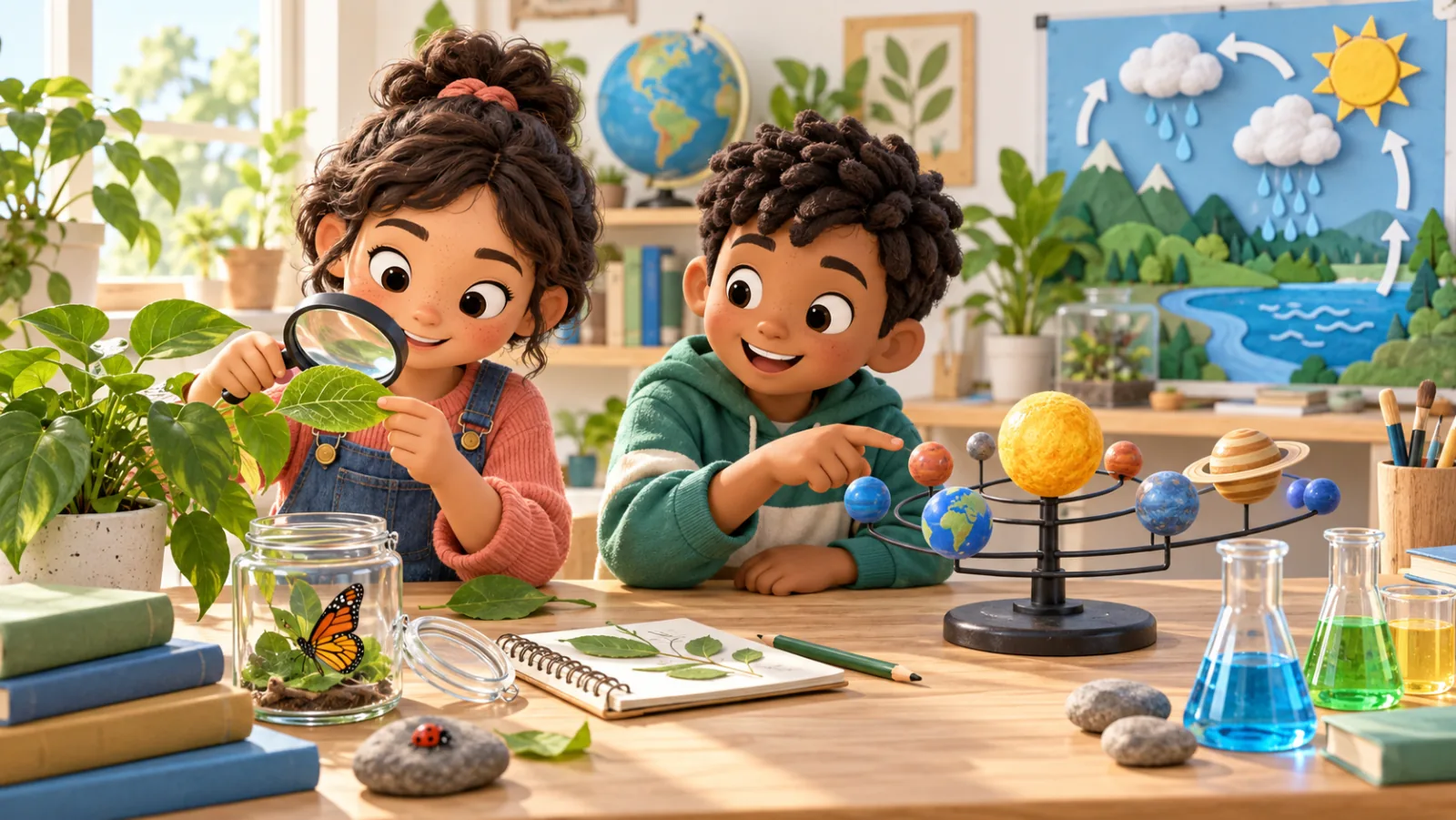 Children exploring a plant and a solar-system model in an engaging science lesson