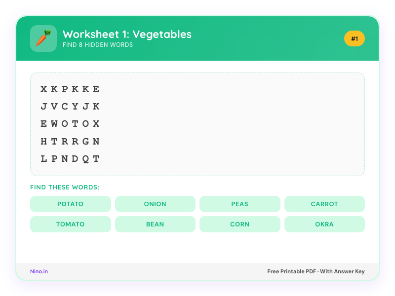 Preview of Word Search Worksheet 1: Vegetables