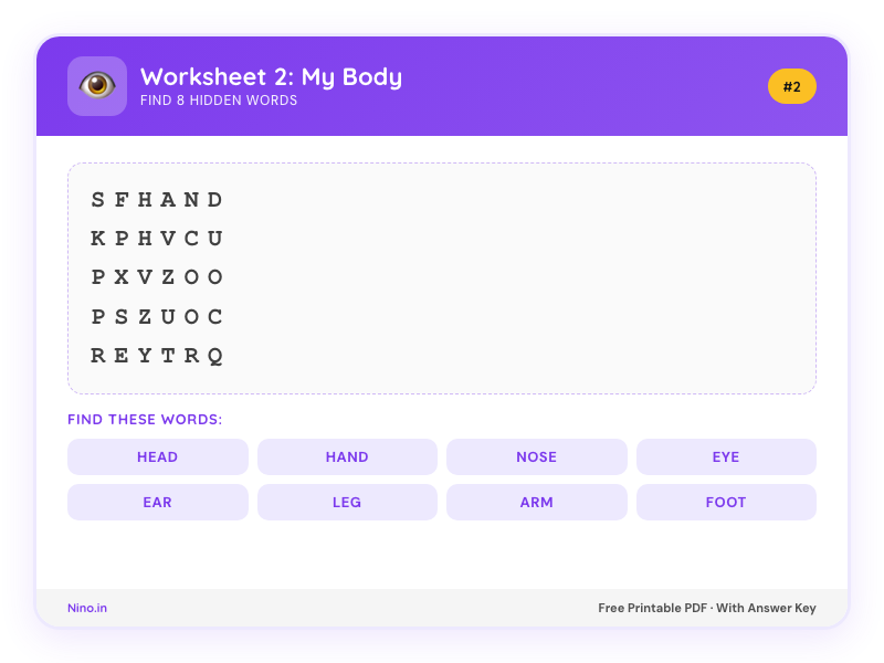 Preview of Word Search Worksheet 2: My Body