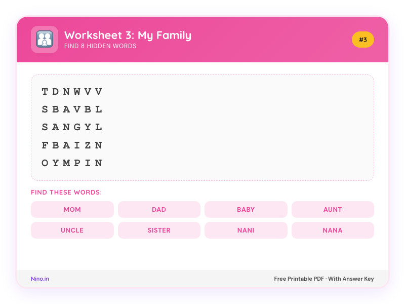 Preview of Word Search Worksheet 3: My Family