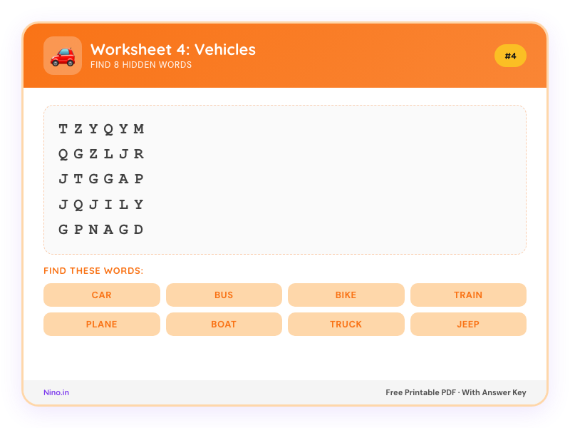 Preview of Word Search Worksheet 4: Vehicles