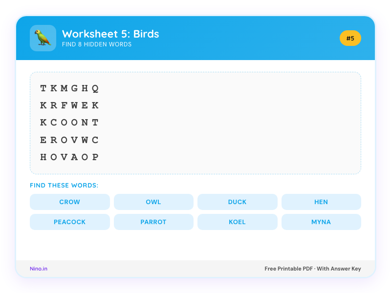 Preview of Word Search Worksheet 5: Birds